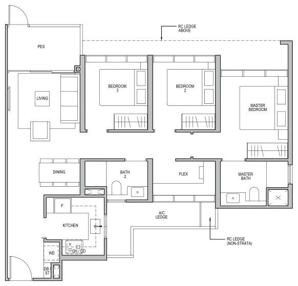 Floor plan of Lentor Modern type C1-G, 3-Bedroom + Flex, 969 sq ft