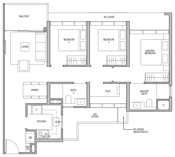 Floor plan of Lentor Modern type C1 / C1-R, 3-Bedroom + Flex, 969 sq ft