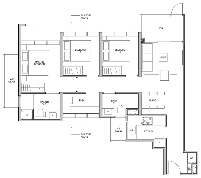 Floor plan of Lentor Modern type C2-G, 3-Bedroom + Flex, 980 sq ft