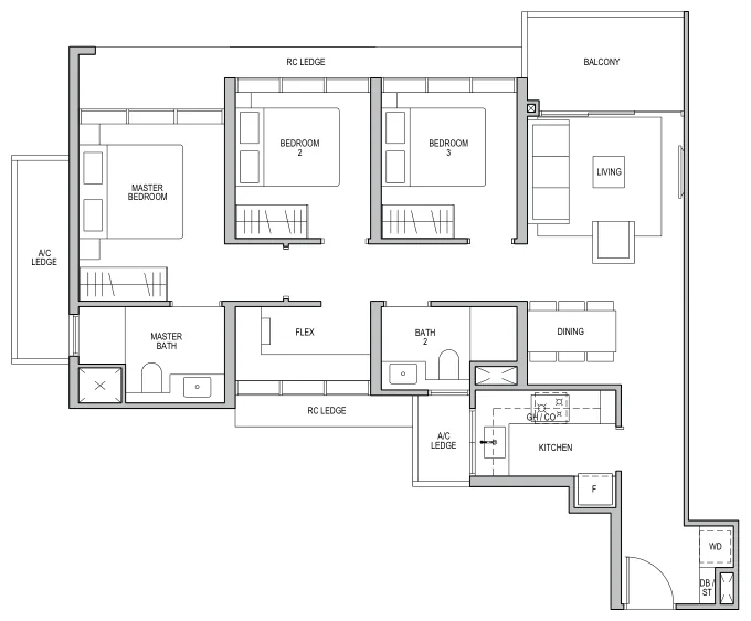 Floor plan of Lentor Modern type C2 / C2-R, 3-Bedroom + Flex, 980 sq ft