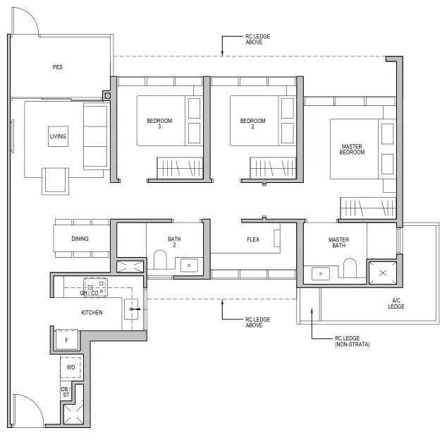 Floor plan of Lentor Modern type C3-G, 3-Bedroom + Flex, 990 sq ft