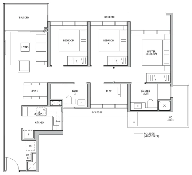 Floor plan of Lentor Modern type C3 / C3-R, 3-Bedroom + Flex, 990 sq ft