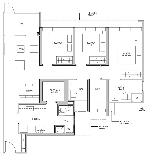 Floor plan of Lentor Modern type C4-G, 3-Bedroom + Flex, 1,109 sq ft