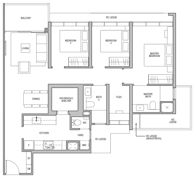 Floor plan of Lentor Modern type C4 / C4-R, 3-Bedroom + Flex, 1,109 sq ft