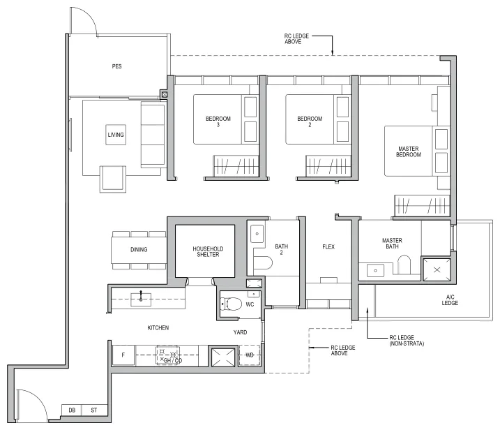Floor plan of Lentor Modern type C5-G, 3-Bedroom + Flex, 1,130 sq ft
