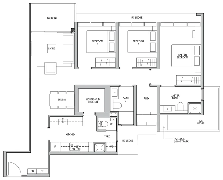 Floor plan of Lentor Modern type C5 / C5-R, 3-Bedroom + Flex, 1,130 sq ft