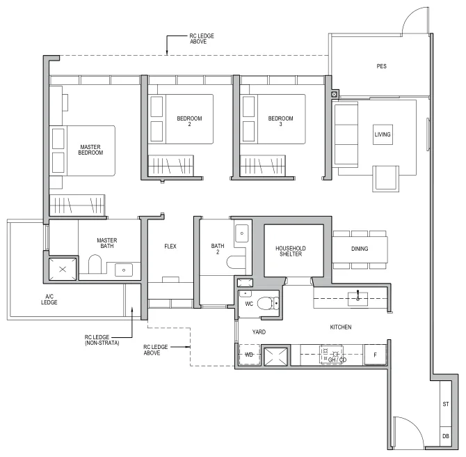 Floor plan of Lentor Modern type C6-G, 3-Bedroom + Flex, 1,130 sq ft