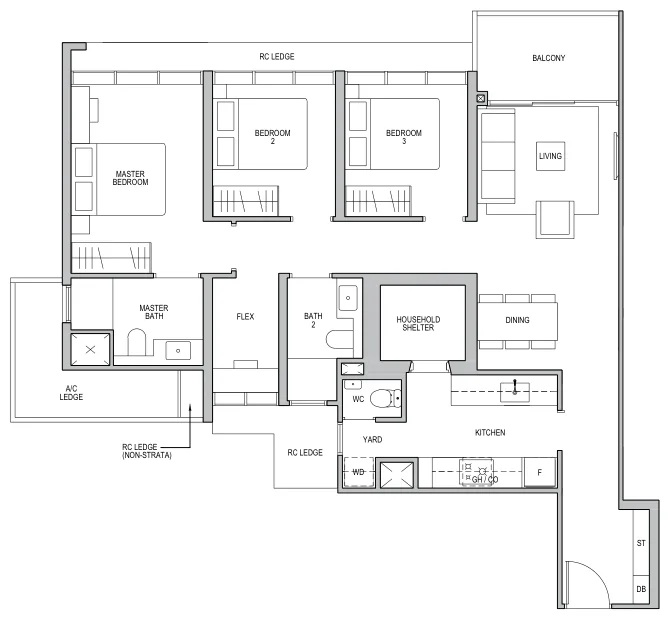 Floor plan of Lentor Modern type C6 / C6-R, 3-Bedroom + Flex, 1,130 sq ft