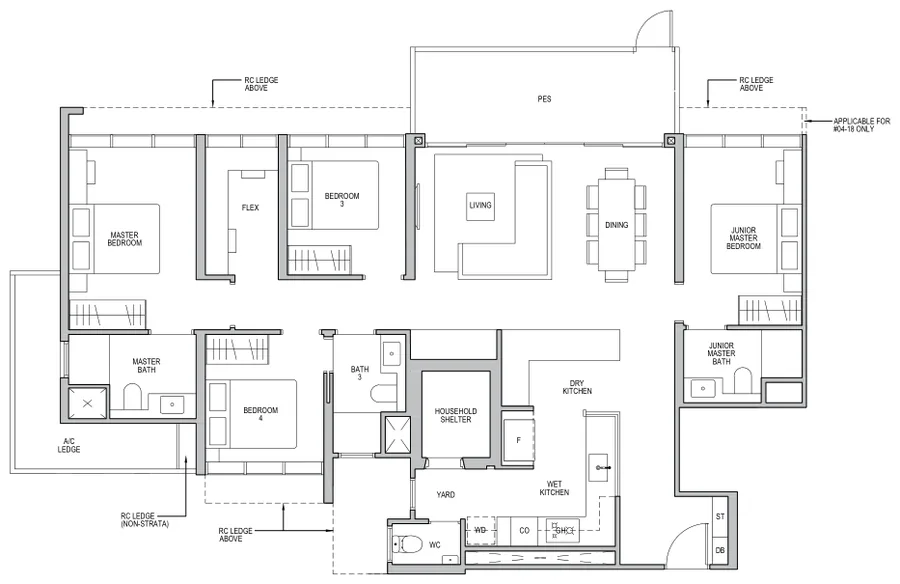 Floor plan of Lentor Modern type D1-G, 4-Bedroom + Flex, 1,528 sq ft