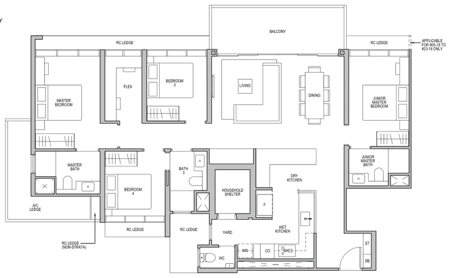 Floor plan of Lentor Modern type D1 / D1-R, 4-Bedroom + Flex, 1,528 sq ft