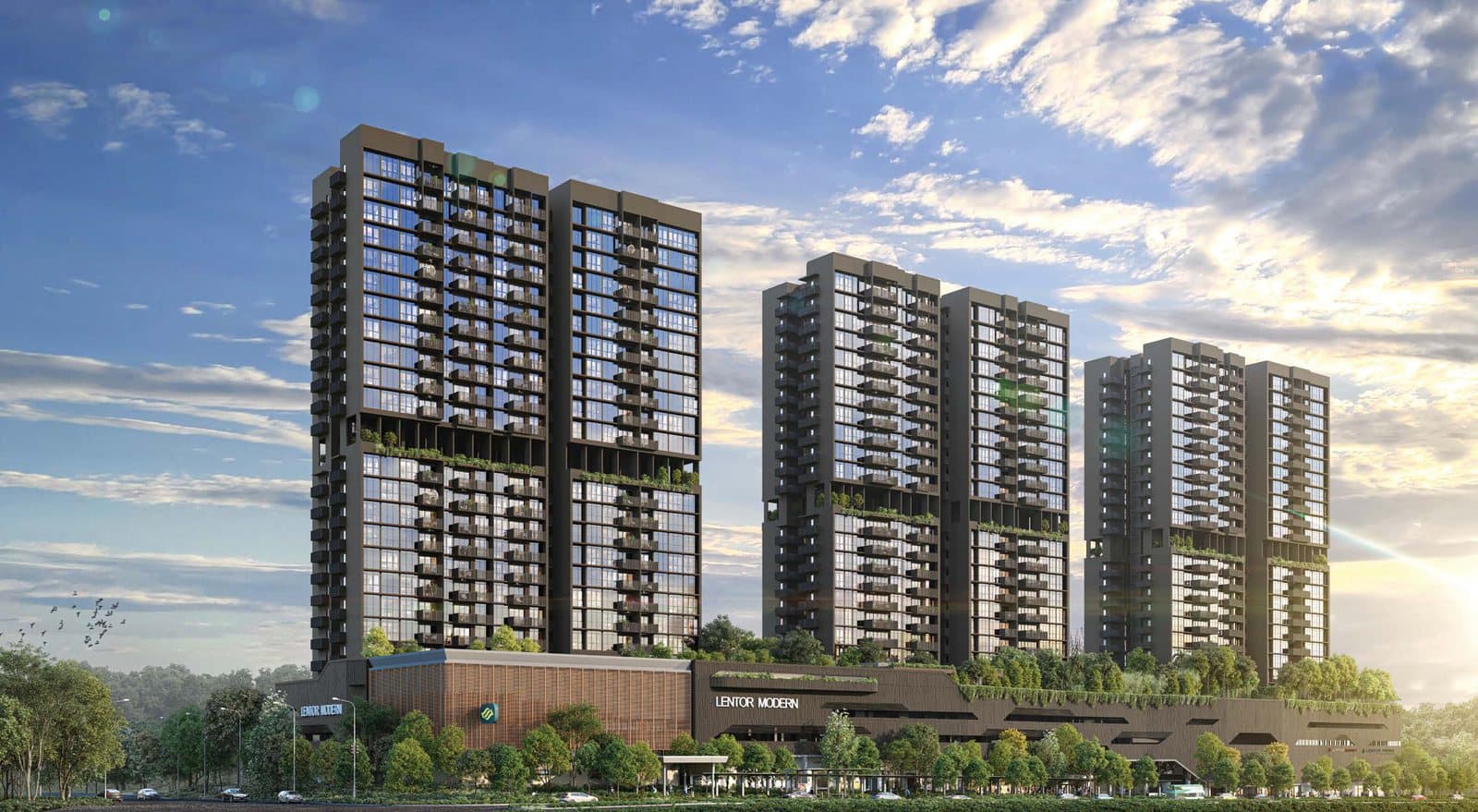 Artist's impression of Lentor Modern from the street: three dark 25-storey towers, each split by a planted sky terrace half-way up, standing on a low brick-coloured mall with trees along the road