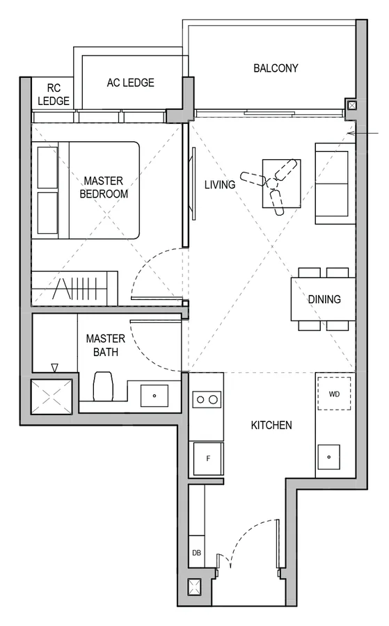 Floor plan of Lentoria type A1, 1-Bedroom, 538 sq ft