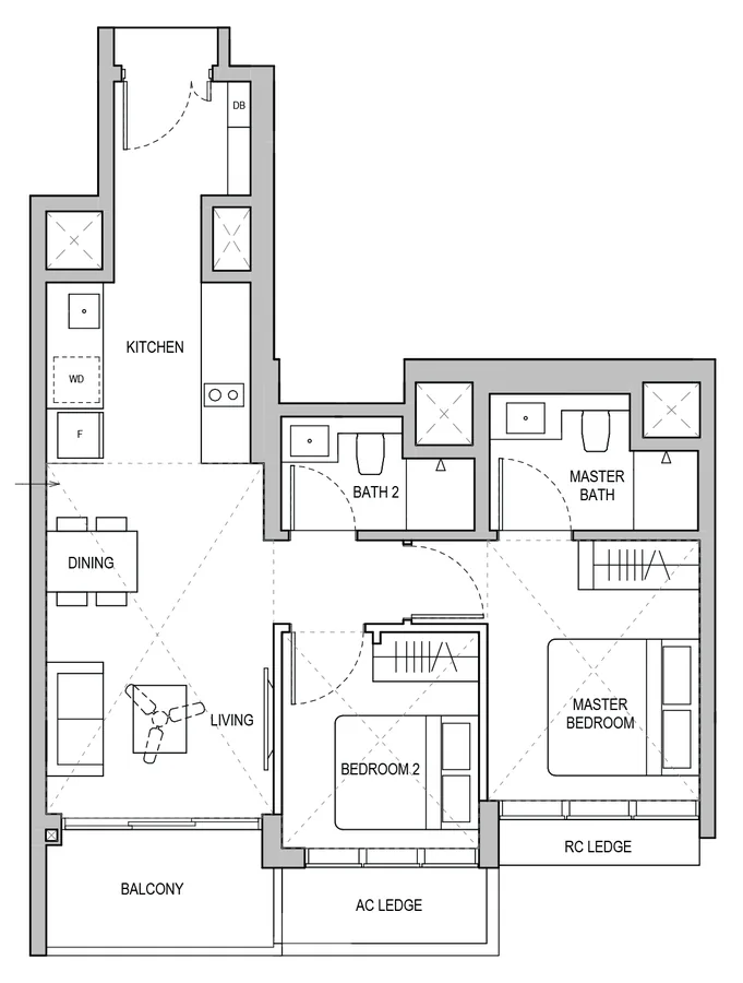 Floor plan of Lentoria type B2, 2-Bedroom / 2-Bedroom + Study, 732 sq ft