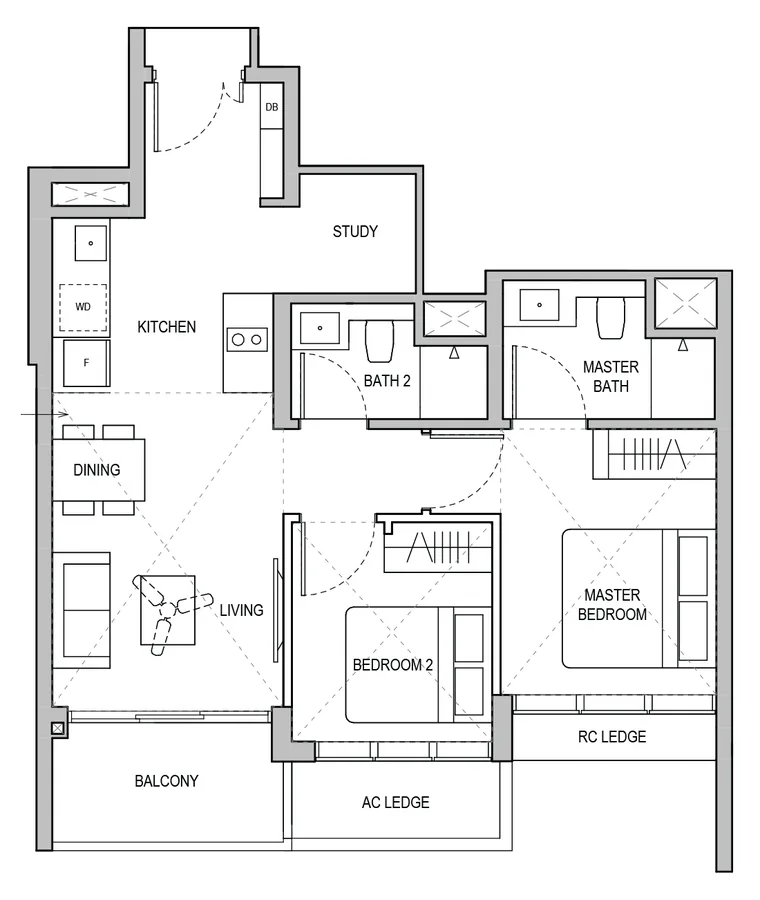 Floor plan of Lentoria type B4S, 2-Bedroom / 2-Bedroom + Study, 732 sq ft