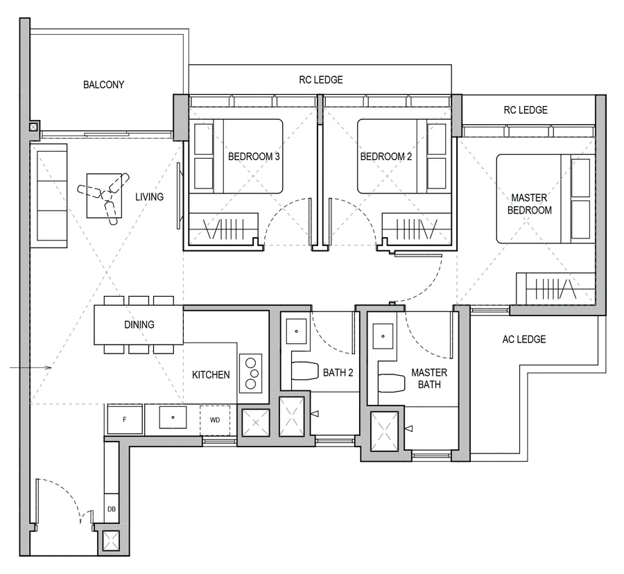 Floor plan of Lentoria type C1, 3-Bedroom / 3-Bedroom Premium, 915 sq ft