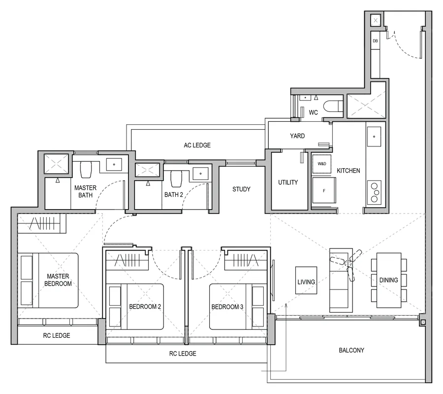Floor plan of Lentoria type C6P, 3-Bedroom / 3-Bedroom Premium, 1,119 sq ft