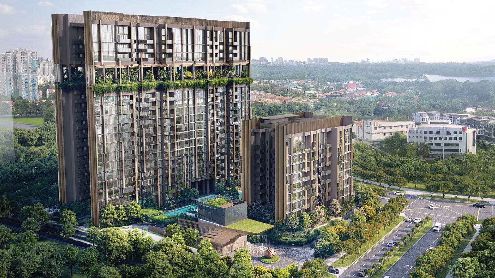 Artist's impression of Lentoria from the air: the two joined 17-storey towers with the Sky Terrace part-way up, the eight-storey block in front and the arrival court on Lentor Hills Road