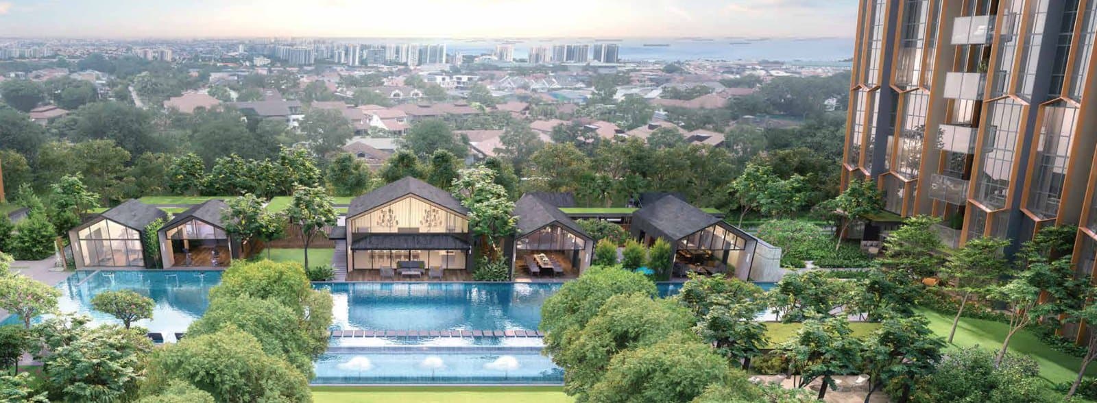 Liv @ MB: the lawn, the pool and its pavilions, with the towers on the right