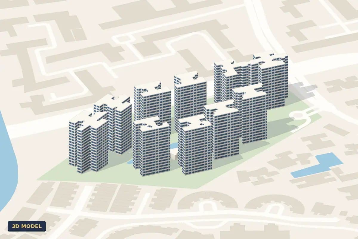 3D model of Livia: the ten blocks around the pools at Pasir Ris Grove