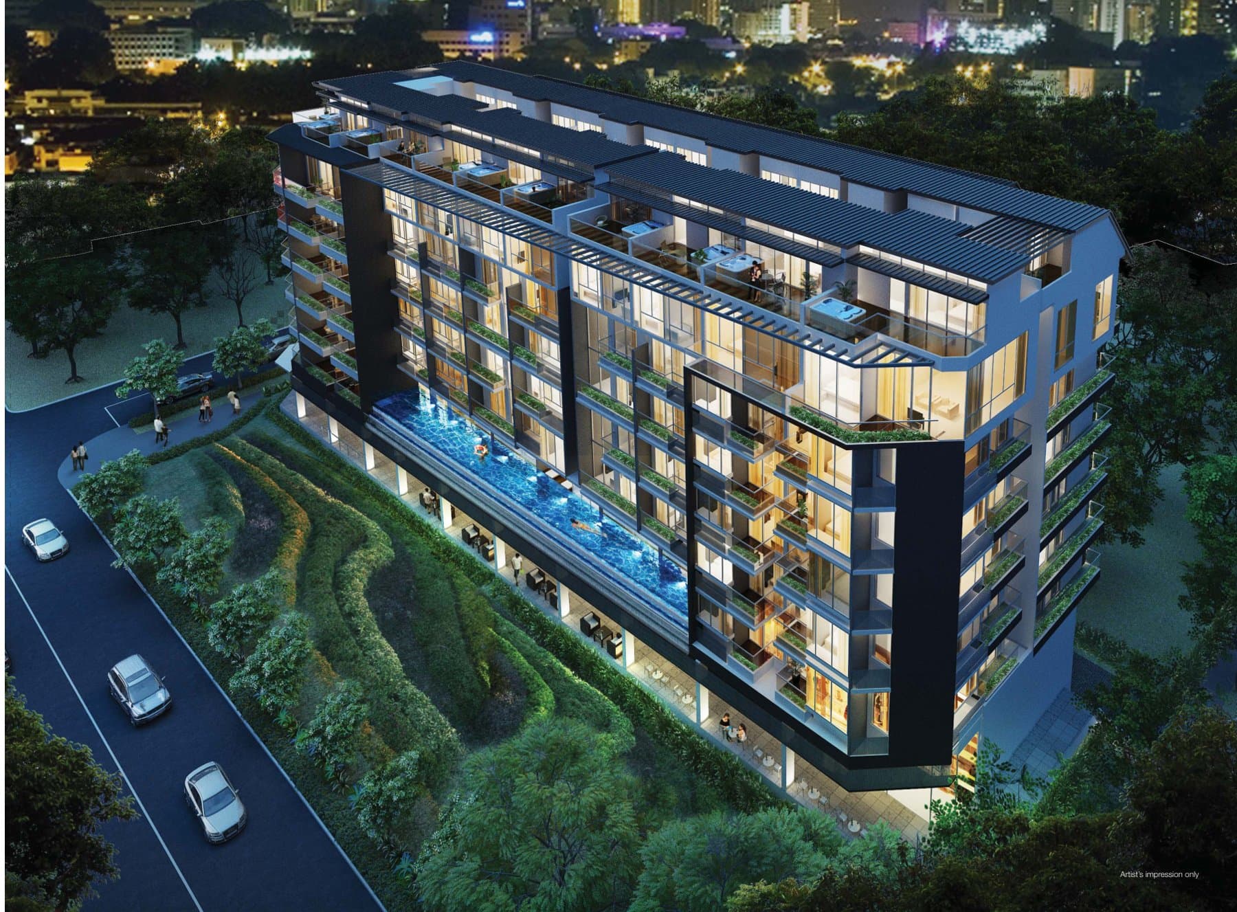 Loft @ Nathan at night: the 7-storey block above River Valley Road with the long pool along its south side