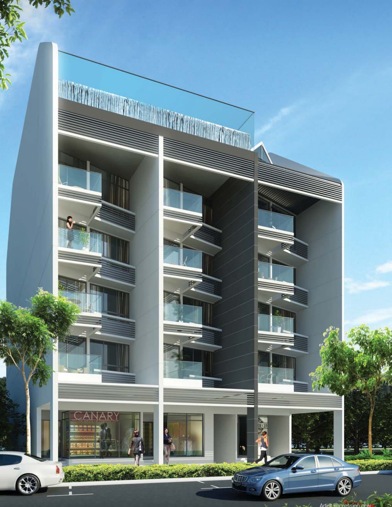 Loft @ Rangoon: the 5-storey block with its balconies, rooftop pool and shops on Rangoon Road