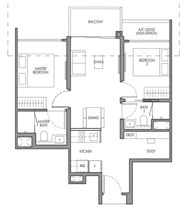 Floor plan of Lucerne Grand type B2S, 2-Bedroom + Study, 667 sq ft