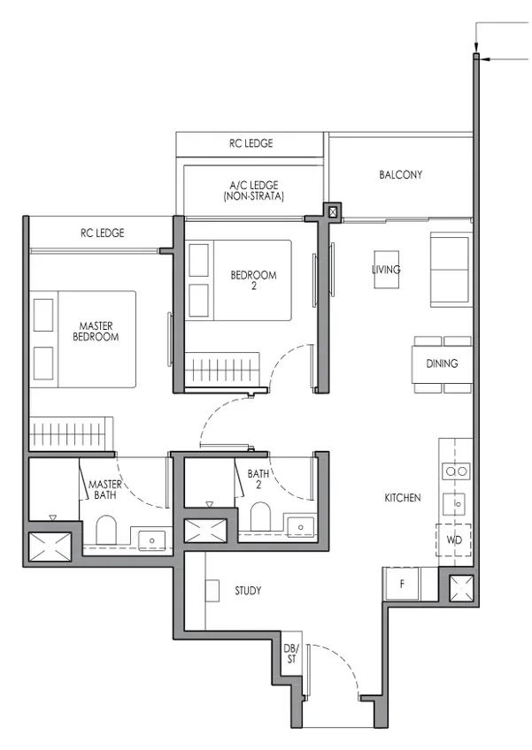 Floor plan of Lucerne Grand type B3S, 2-Bedroom + Study, 710 sq ft