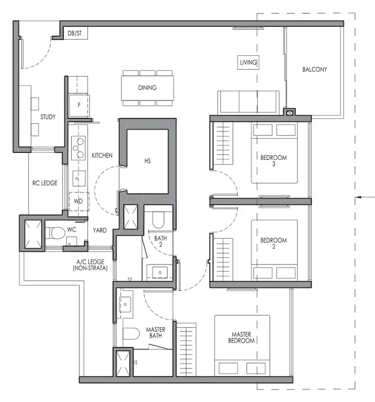 Floor plan of Lucerne Grand type CP3S, 3-Bedroom Premium + Study, 1,001 sq ft