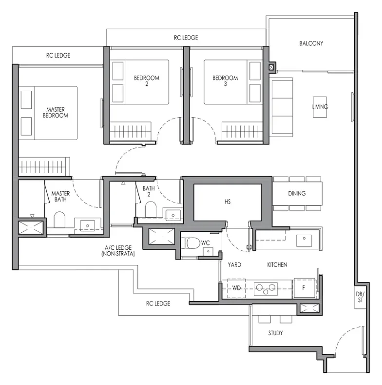 Floor plan of Lucerne Grand type CP4S, 3-Bedroom Premium + Study, 1,001 sq ft