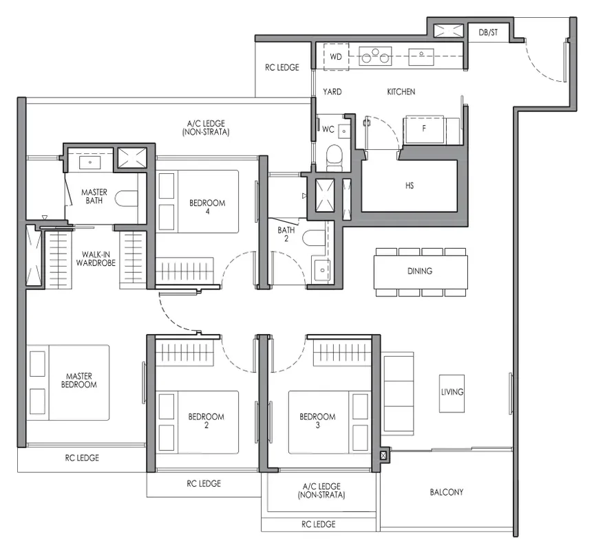 Floor plan of Lucerne Grand type DP1, 4-Bedroom Premium, 1,163 sq ft
