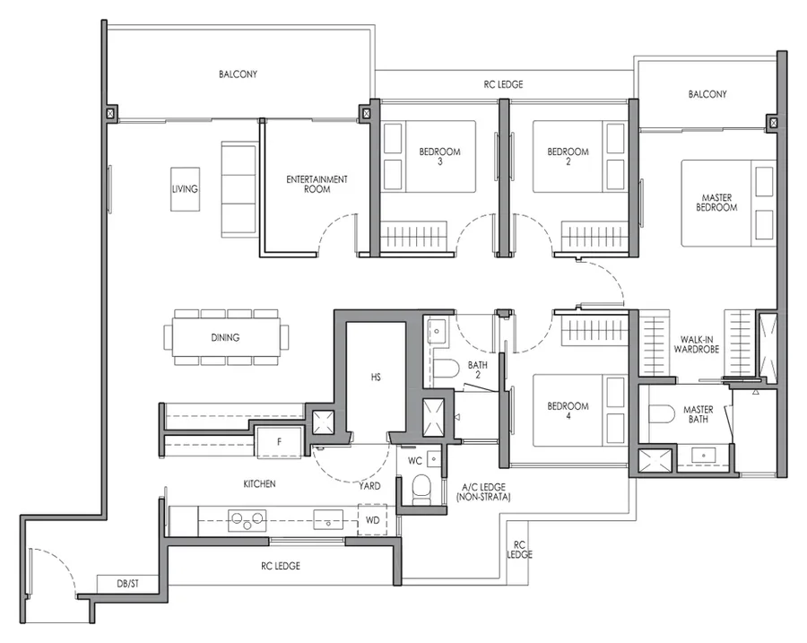 Floor plan of Lucerne Grand type DP1E, 4-Bedroom Premium + Entertainment, 1,432 sq ft