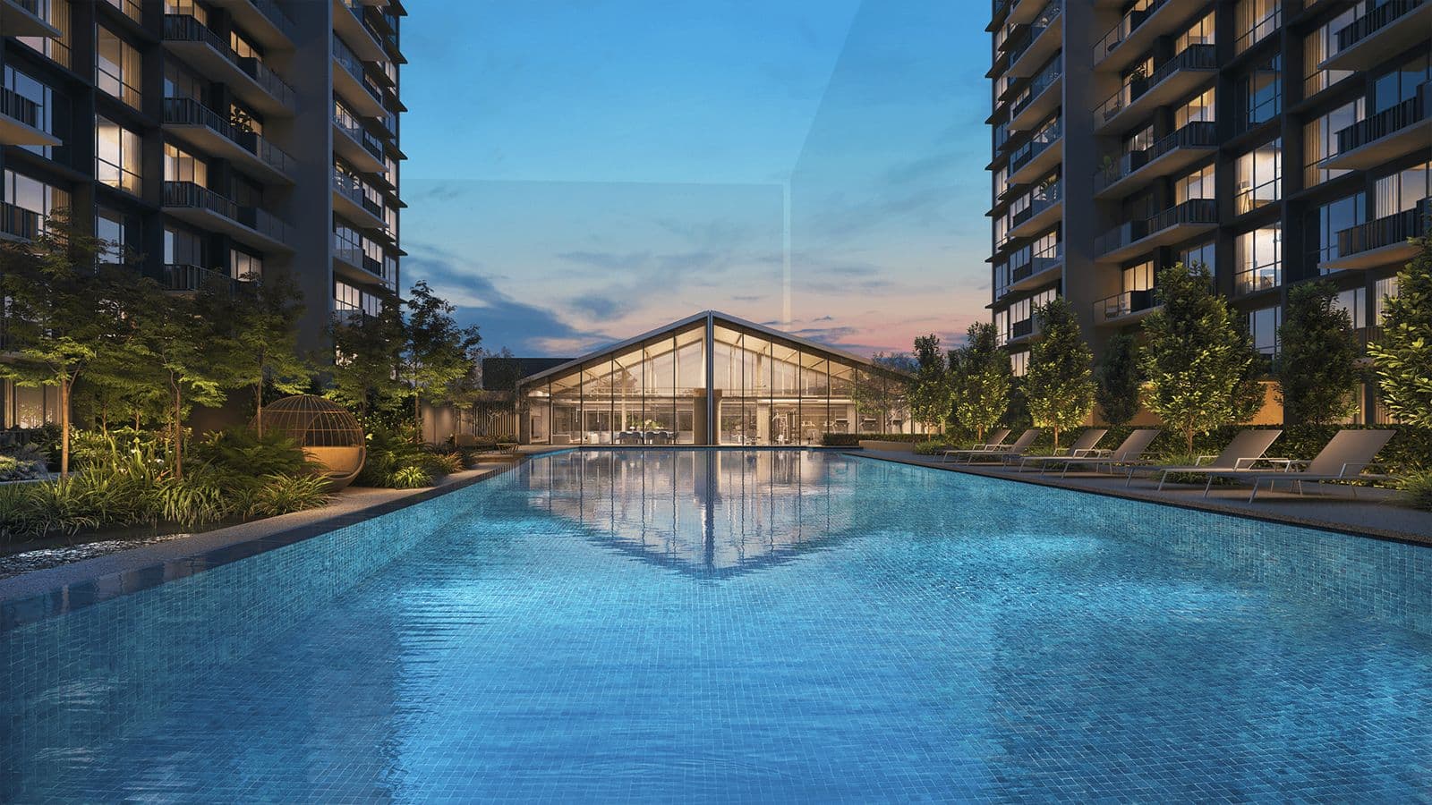 Artist's impression of the Lucerne Grand lap pool and clubhouse at dusk, with the towers on either side