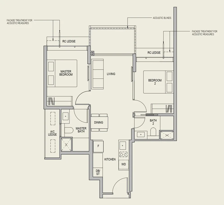 Floor plan of LyndenWoods type B3(a), 2-Bedroom, 721 sq ft