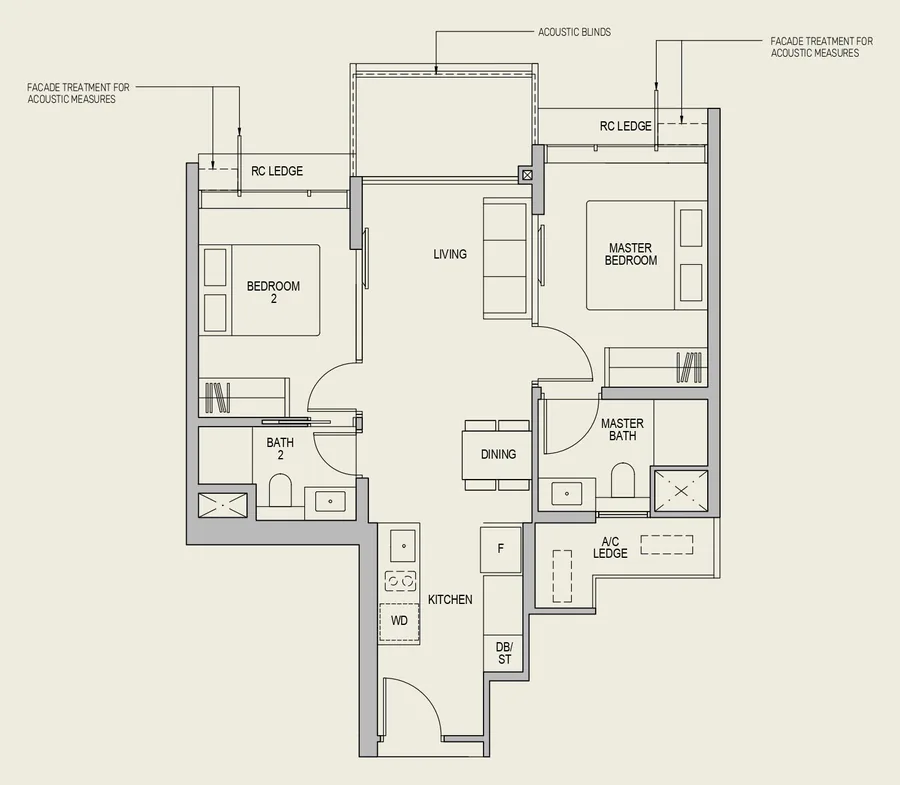 Floor plan of LyndenWoods type B4(a), 2-Bedroom, 721 sq ft