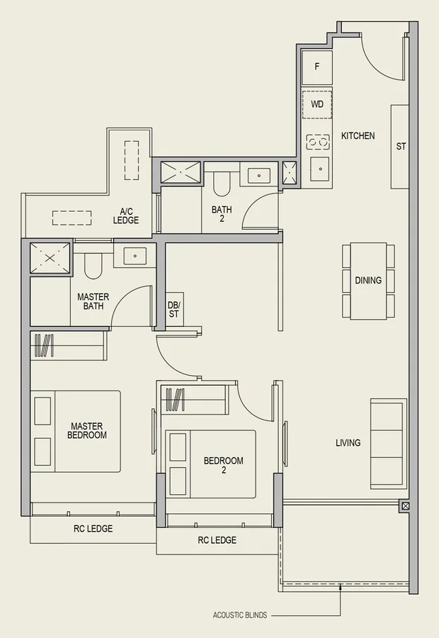 Floor plan of LyndenWoods type BS1, 2-Bedroom + Study, 850 sq ft