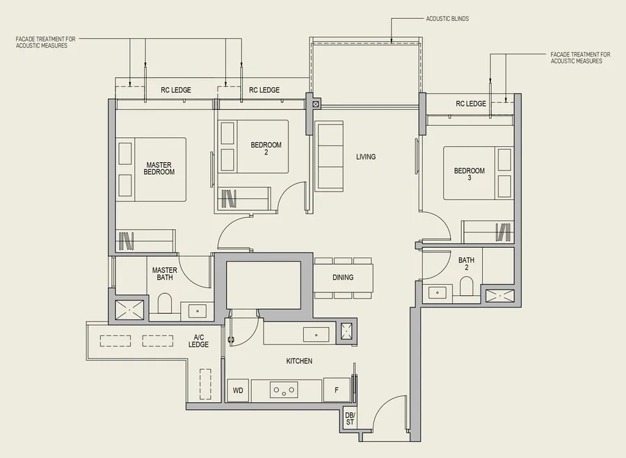 Floor plan of LyndenWoods type C1(a), 3-Bedroom, 1,023 sq ft