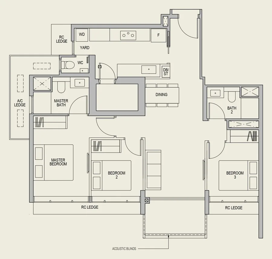Floor plan of LyndenWoods type C2, 3-Bedroom, 1,066 sq ft