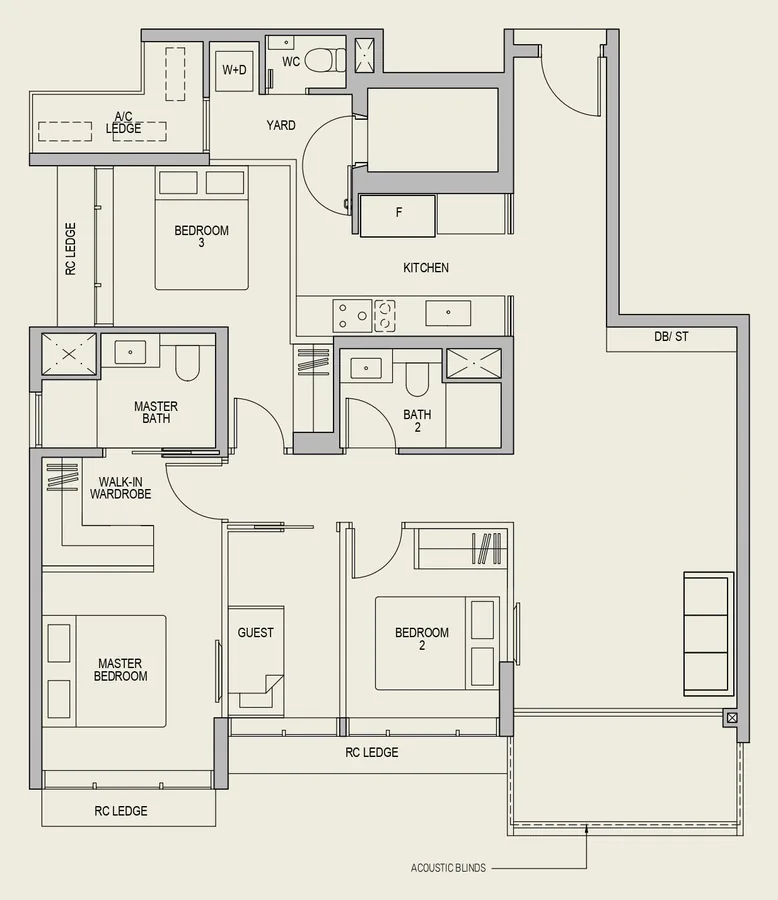 Floor plan of LyndenWoods type CGP(m), 3-Bedroom + Guest (Premium), 1,292 sq ft