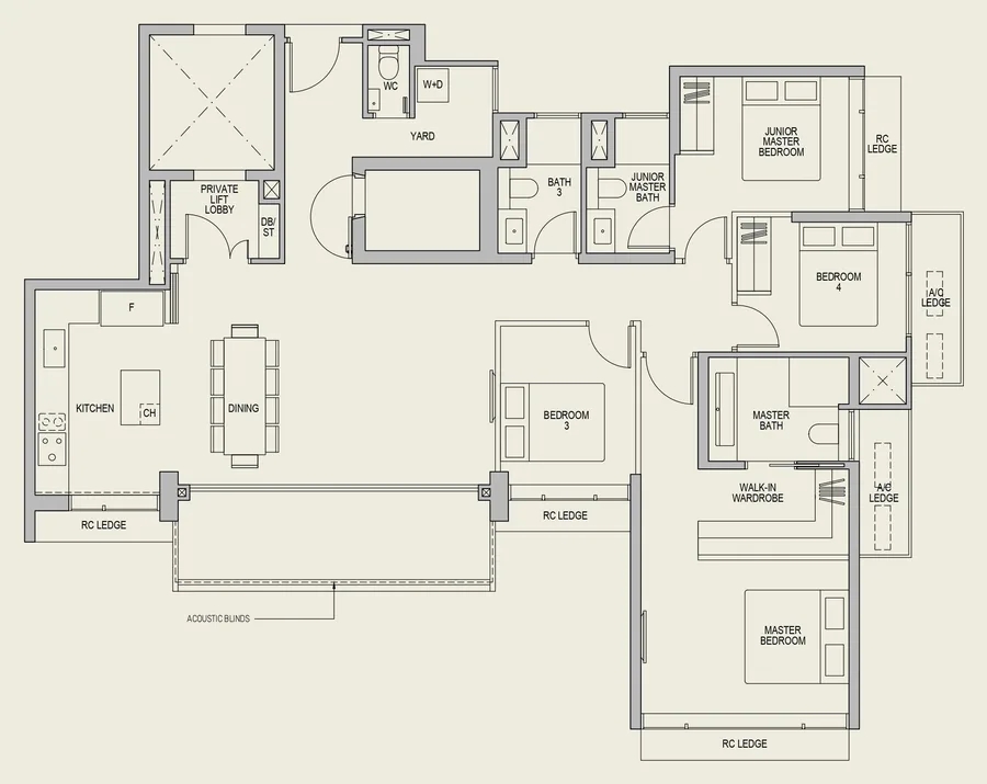 Floor plan of LyndenWoods type DP, 4-Bedroom (Premium), 1,647 sq ft