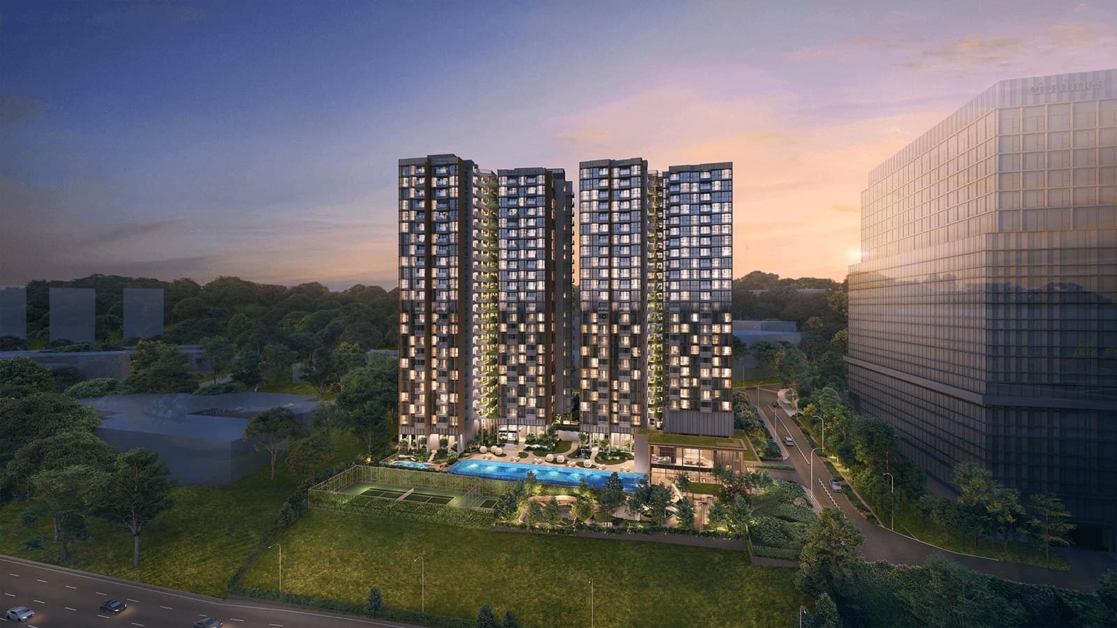 Artist's impression of the two LyndenWoods towers at dusk, seen from the Ayer Rajah Expressway side with the lap pool and courts in front