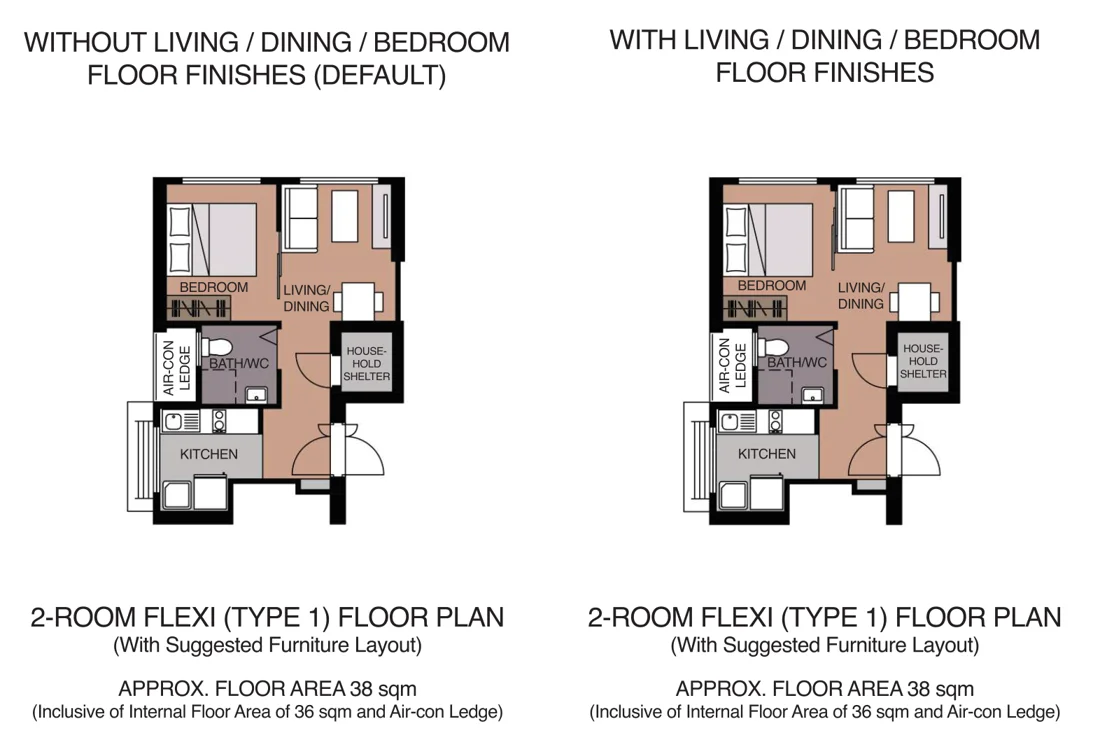 HDB floor plan of a 2-room Flexi (Type 1) flat at MacPherson Blossom, about 38 sqm