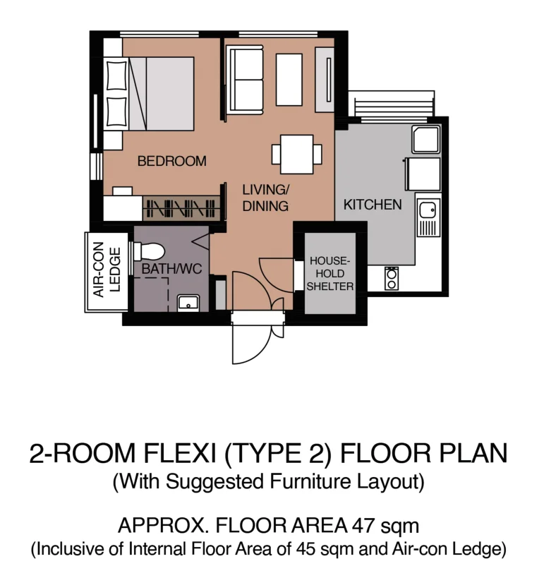 HDB floor plan of a 2-room Flexi (Type 2) flat at MacPherson Blossom, about 47 sqm