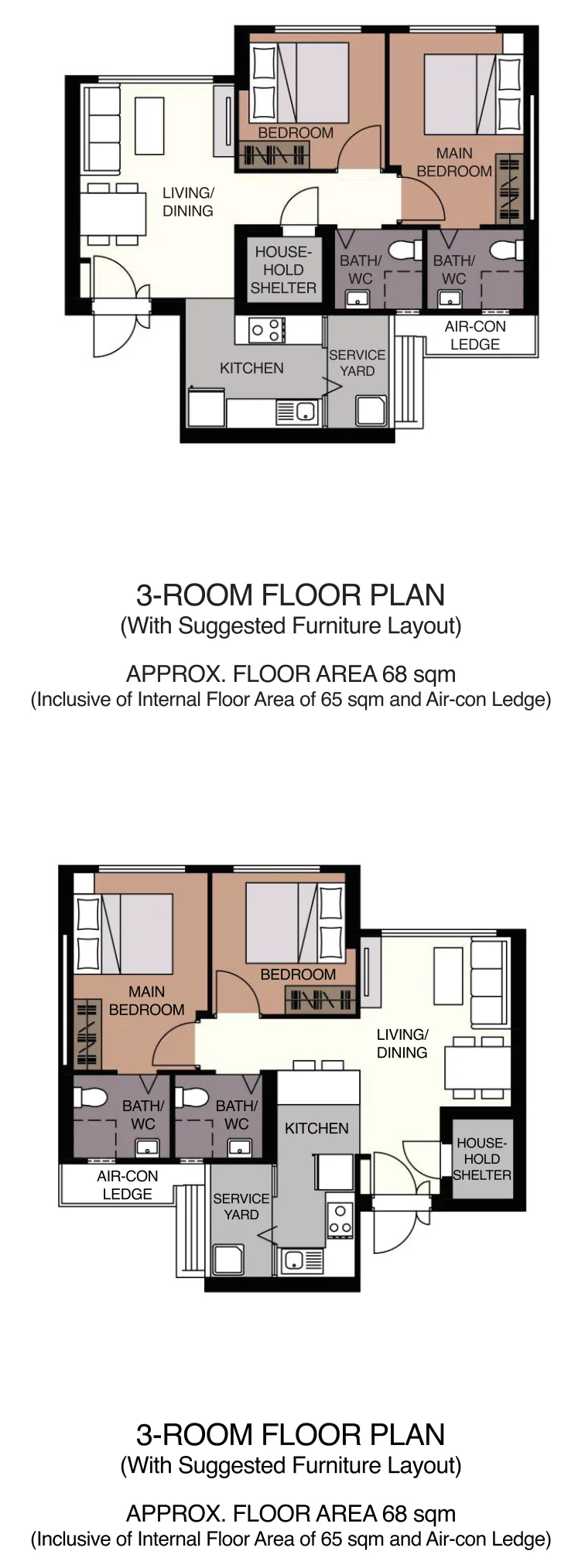 HDB floor plan of a 3-room flat at MacPherson Blossom, about 68 sqm