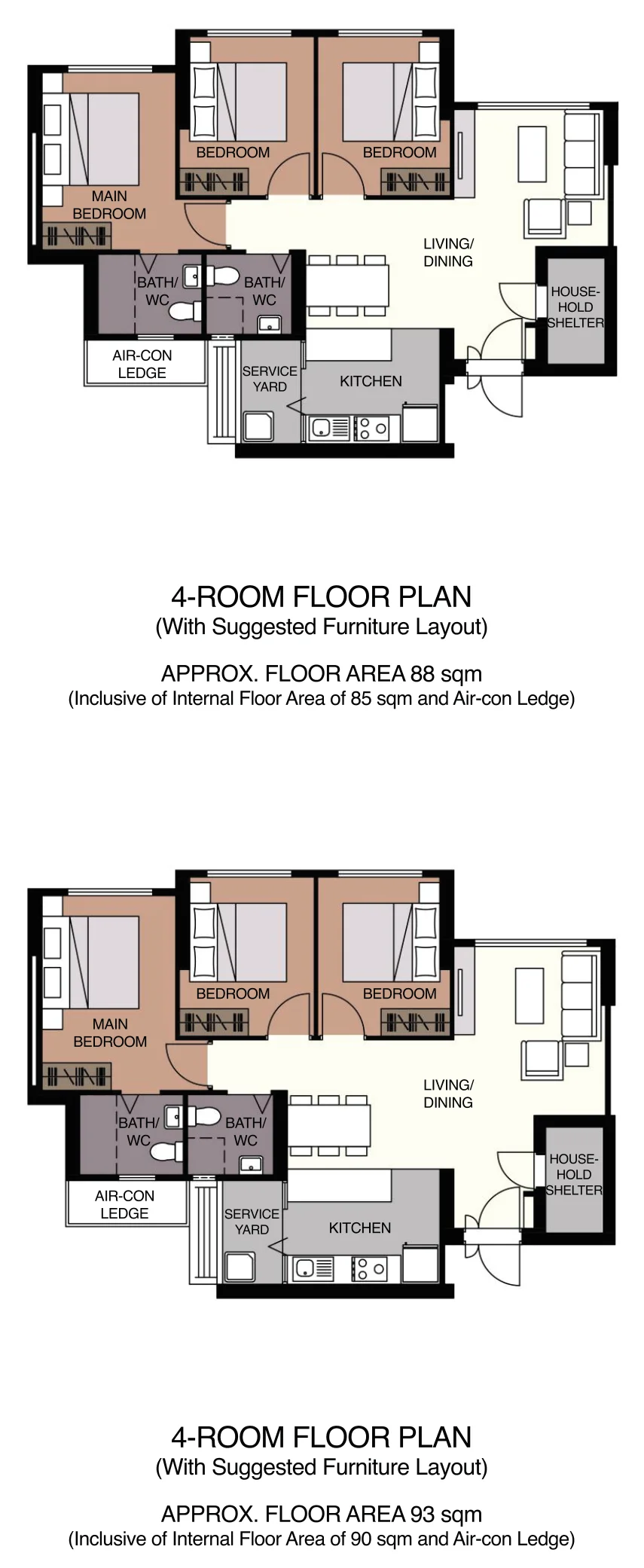 HDB floor plan of a 4-room flat at MacPherson Blossom, about 88 sqm