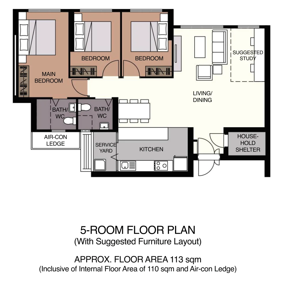 HDB floor plan of a 5-room flat at MacPherson Blossom, about 113 sqm