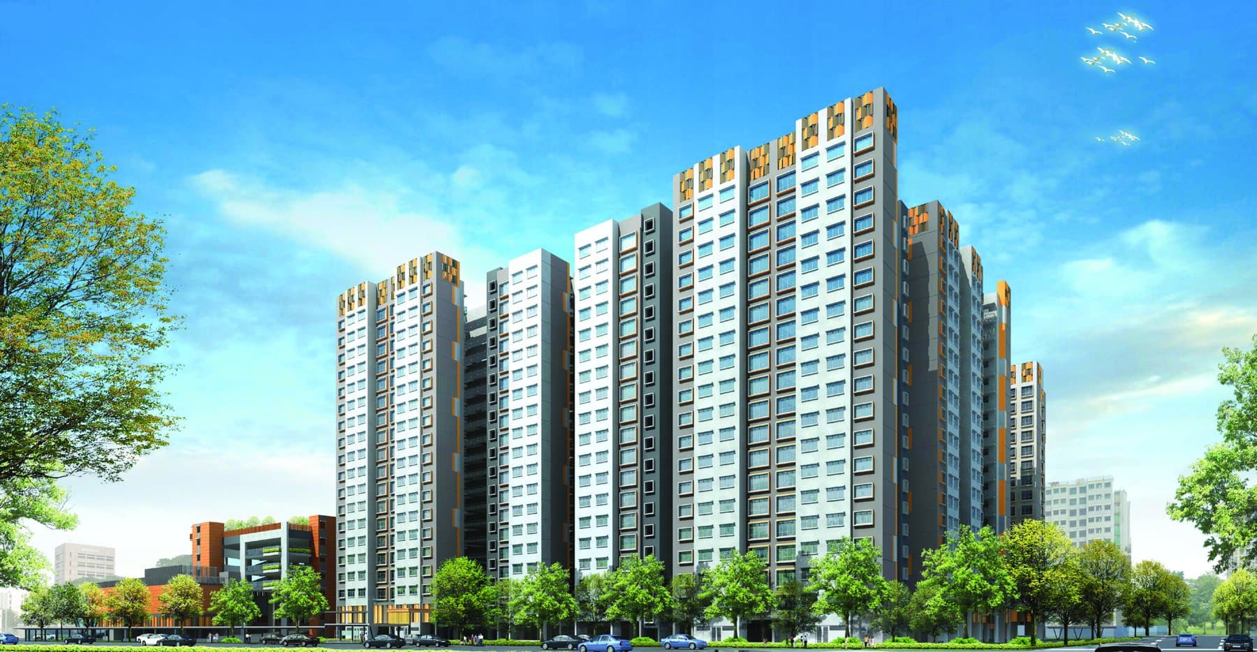 Artist’s impression of MacPherson Blossom: tall white and grey HDB blocks with orange-trimmed rooftops behind a row of trees