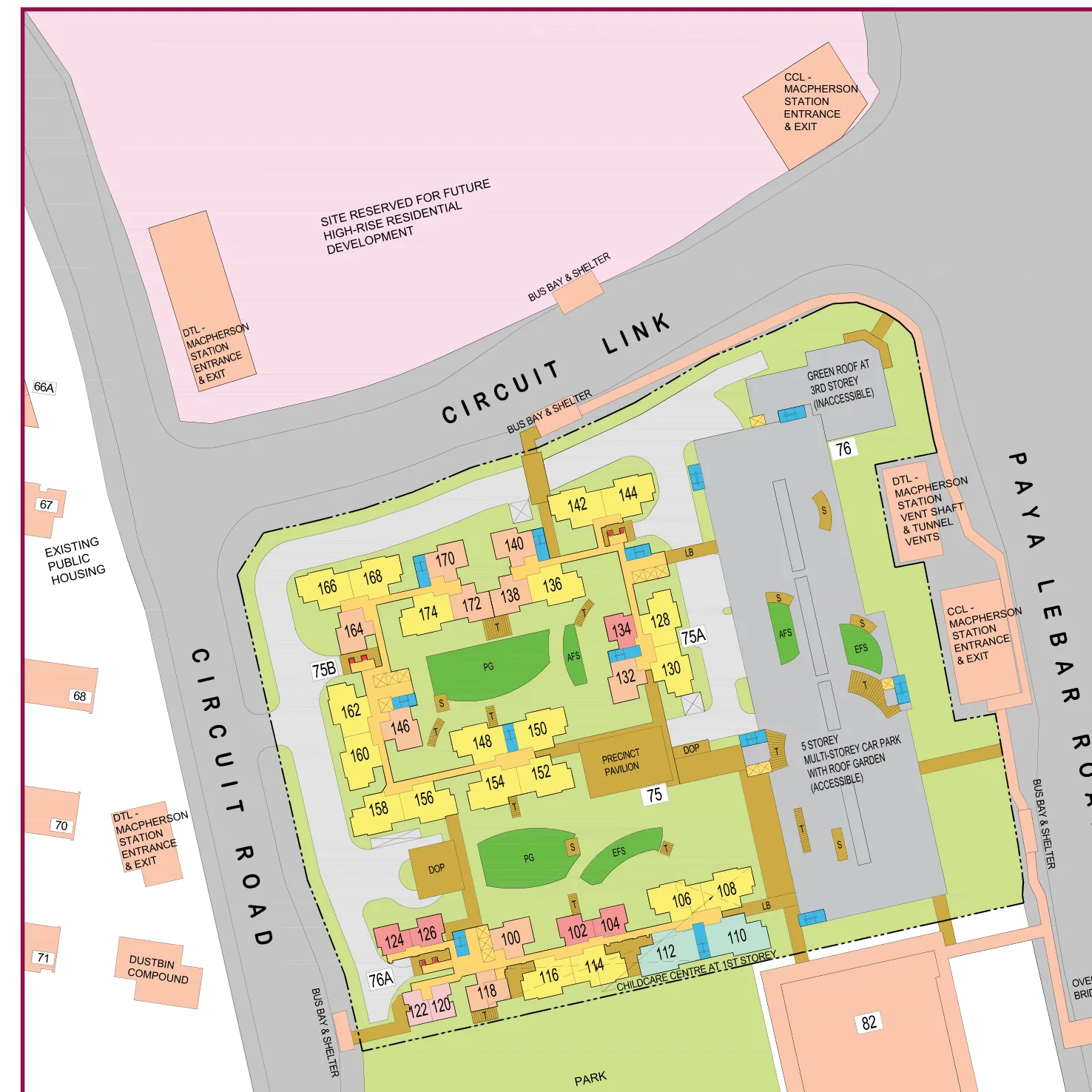HDB site plan of MacPherson Blossom, blocks 75A, 75B and 76A