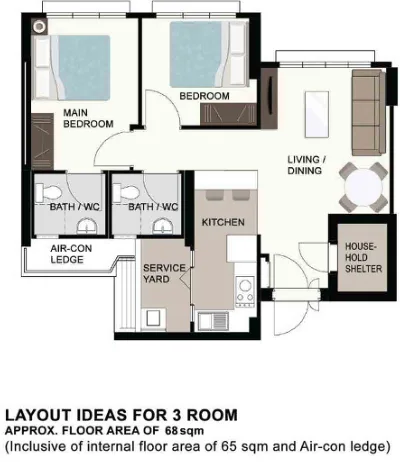 HDB floor plan of a 3-room flat at MacPherson Spring, about 68 sqm
