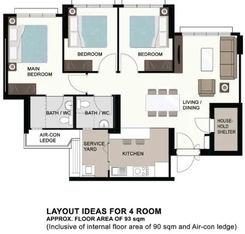 HDB floor plan of a 4-room flat at MacPherson Spring, about 93 sqm