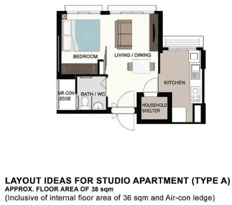 HDB floor plan of a Studio (Type A) flat at MacPherson Spring, about 38 sqm